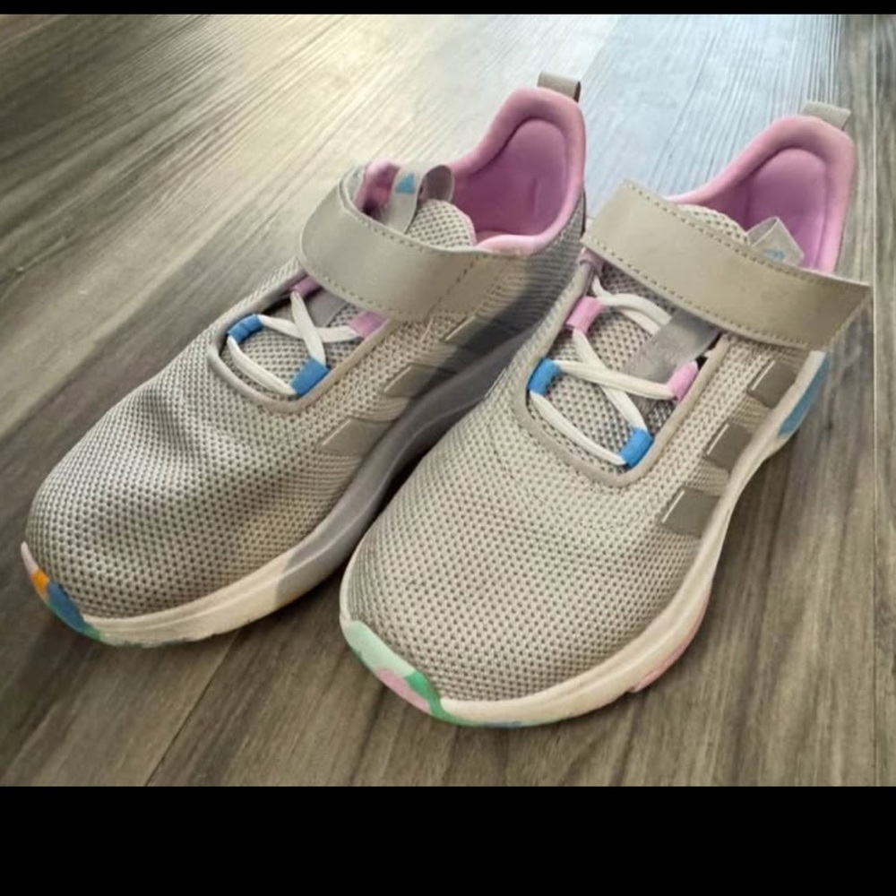Kids Adidas Gray Sneakers with Multi Color Accents